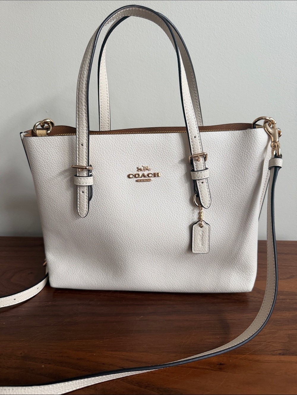 Coach C4084 Mollie Tote Bag Cream Pebble Leather Shoulder Bag with Gold Hardware